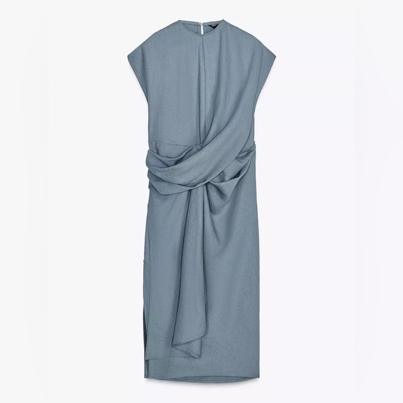Zara Elegant Draped Duck Blue Linen Blend Dress- New with Tags - Picture 4 of 8